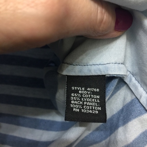 Chambray petite Button Down Cotton/lyocell Shirt Solid Front/Sleeves Stripe back - Picture 4 of 8